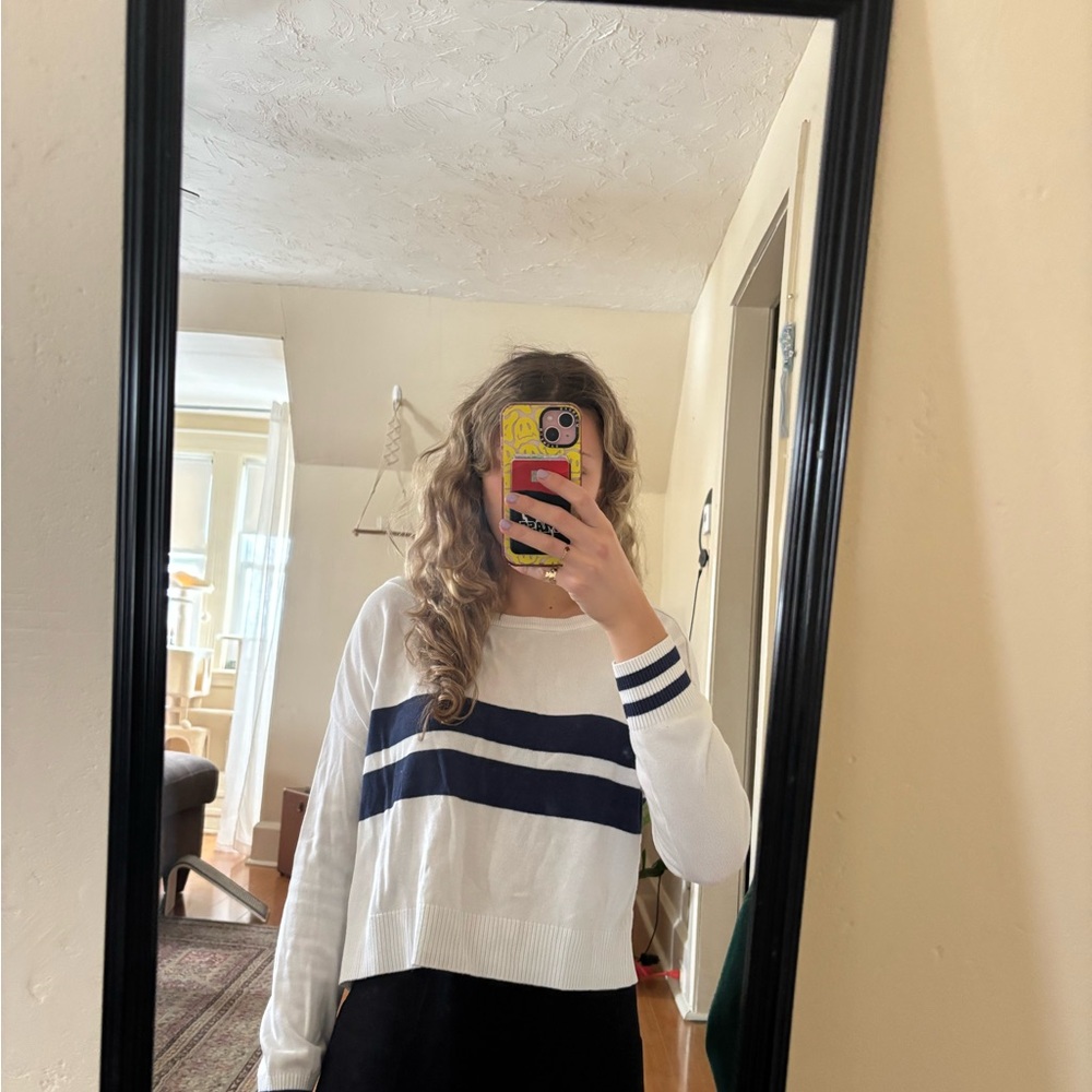 Garage White Sweater with Navy Stripes